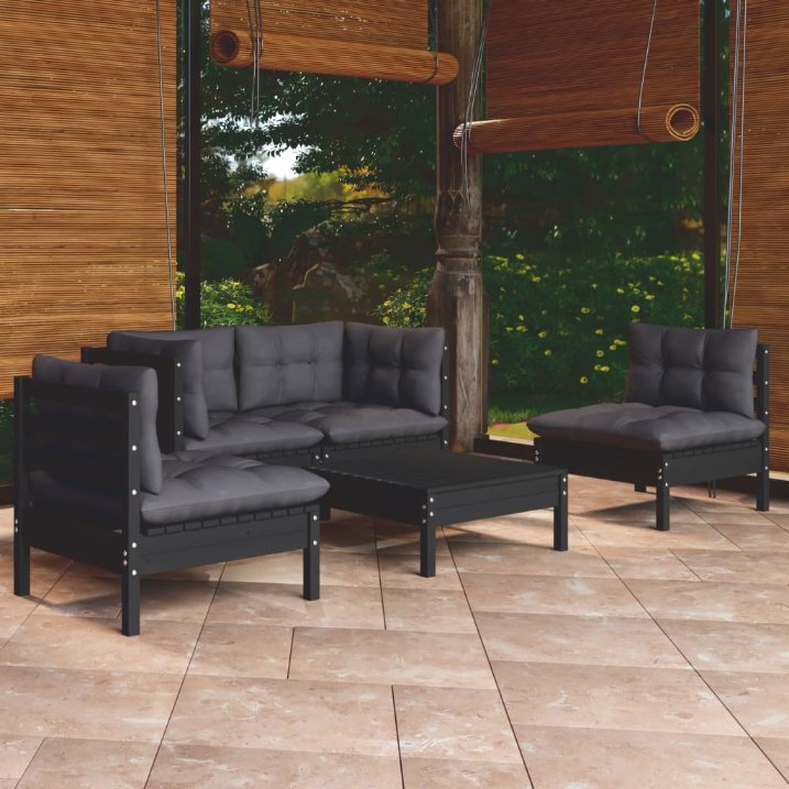 5-tlg. Garten-Lounge-Set mit Grauen Kissen Kiefer Massivholz