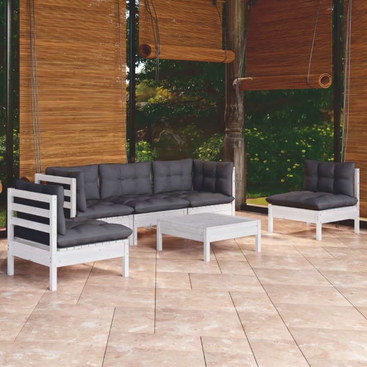 6-tlg. Garten-Lounge-Set mit Grauen Kissen Kiefer Massivholz