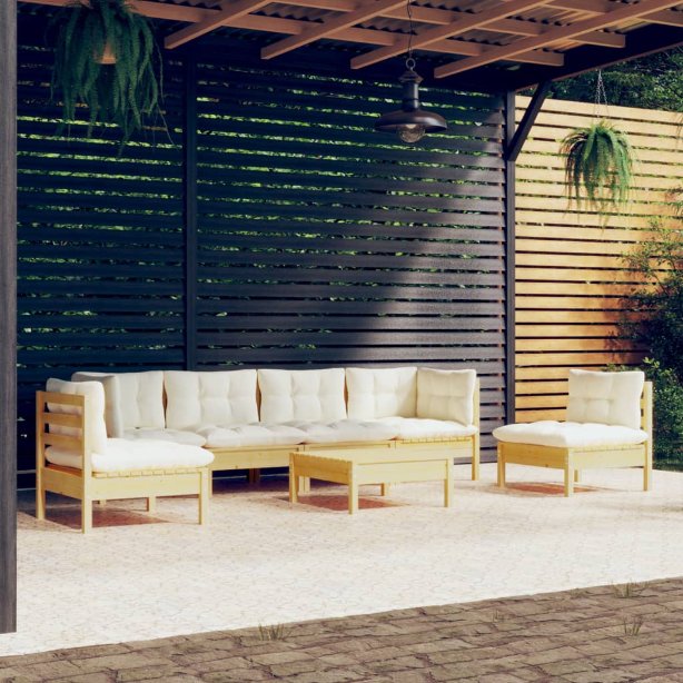 7-tlg. Garten-Lounge-Set mit Grauen Kissen Kiefer Massivholz