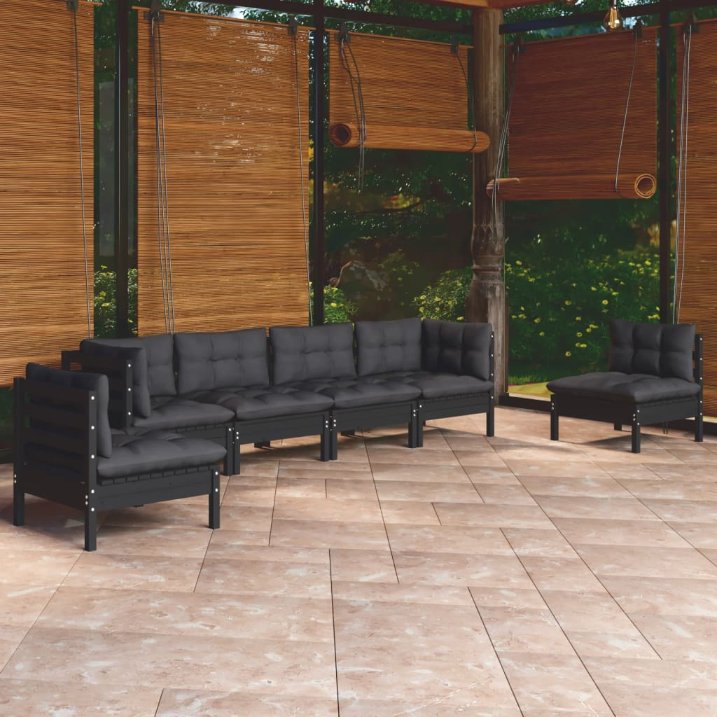 7-tlg. Garten-Lounge-Set mit Grauen Kissen Kiefer Massivholz