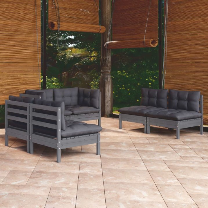 6-tlg. Garten-Lounge-Set mit Grauen Kissen Kiefer Massivholz