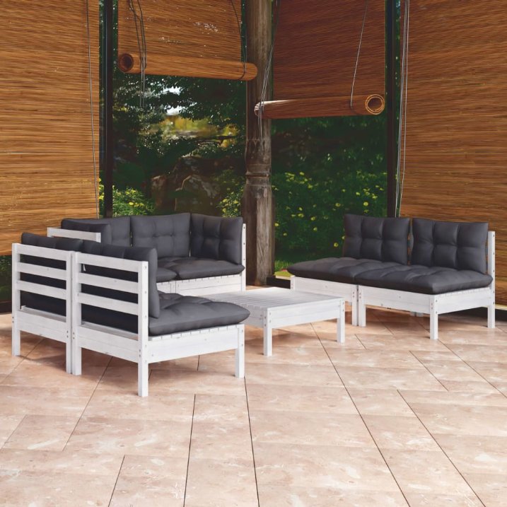 7-tlg. Garten-Lounge-Set mit Grauen Kissen Kiefer Massivholz