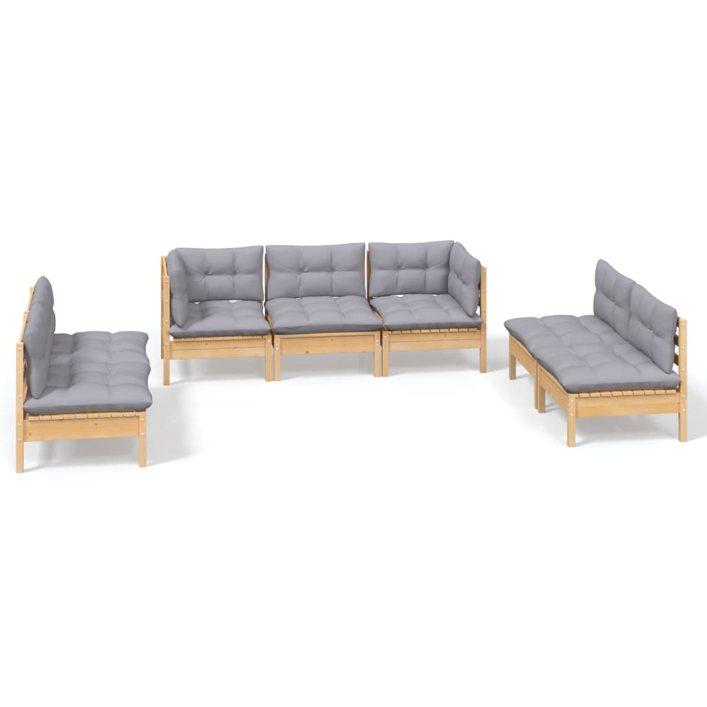 7-tlg. Garten-Lounge-Set mit Grauen Kissen Kiefer Massivholz