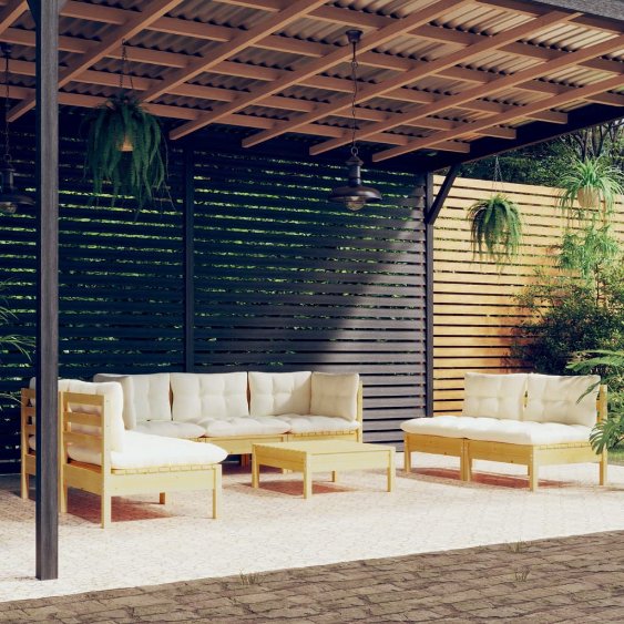 8-tlg. Garten-Lounge-Set mit Grauen Kissen Kiefer Massivholz