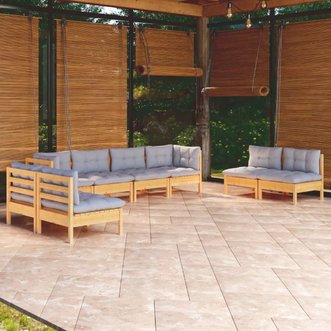 8-tlg. Garten-Lounge-Set mit Grauen Kissen Kiefer Massivholz