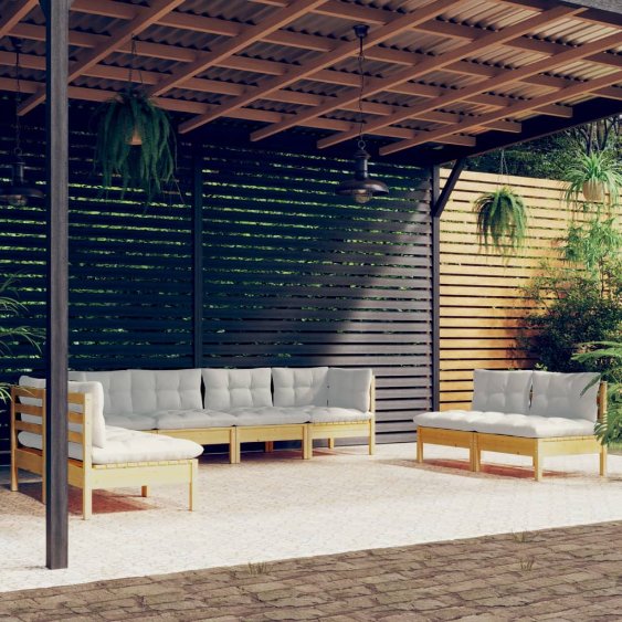8-tlg. Garten-Lounge-Set mit Grauen Kissen Kiefer Massivholz