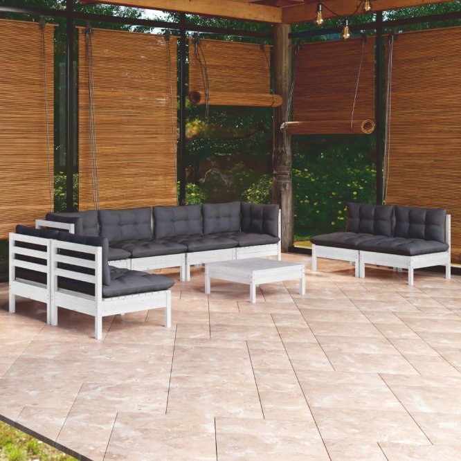 9-tlg. Garten-Lounge-Set mit Grauen Kissen Kiefer Massivholz