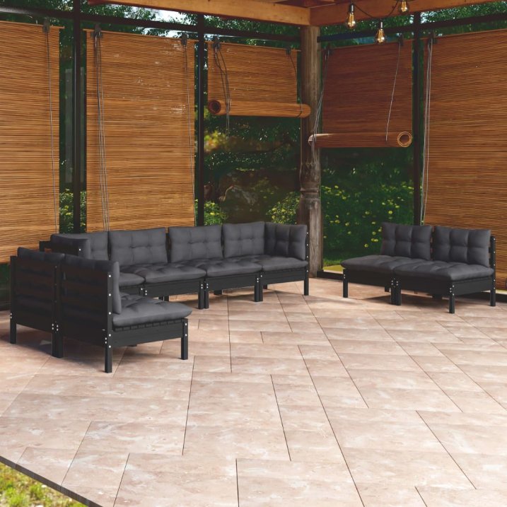 9-tlg. Garten-Lounge-Set mit Grauen Kissen Kiefer Massivholz