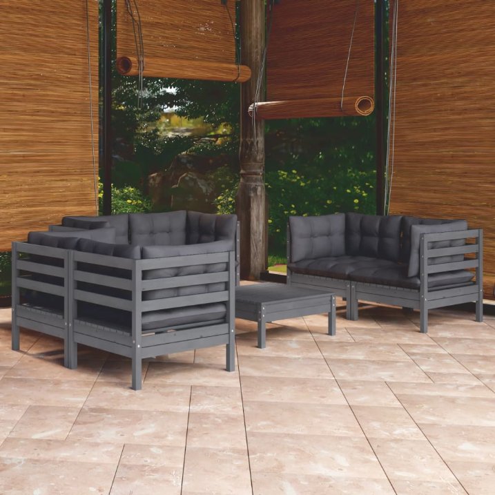 7-tlg. Garten-Lounge-Set mit Grauen Kissen Kiefer Massivholz