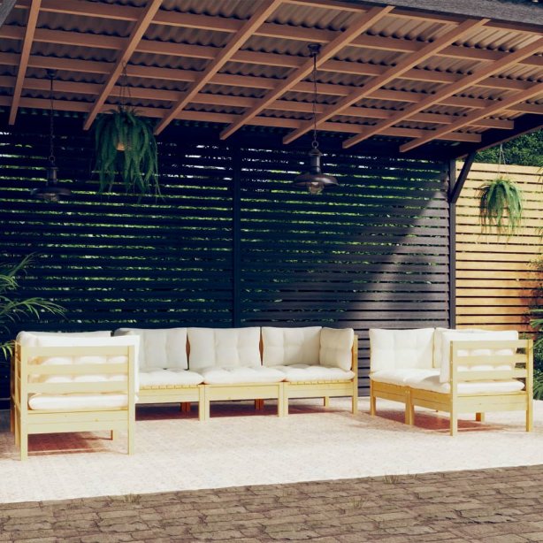 7-tlg. Garten-Lounge-Set mit Grauen Kissen Kiefer Massivholz