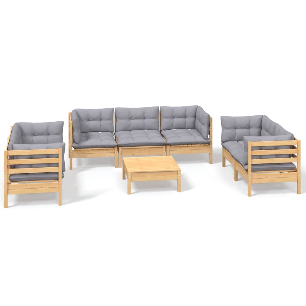 8-tlg. Garten-Lounge-Set mit Grauen Kissen Kiefer Massivholz