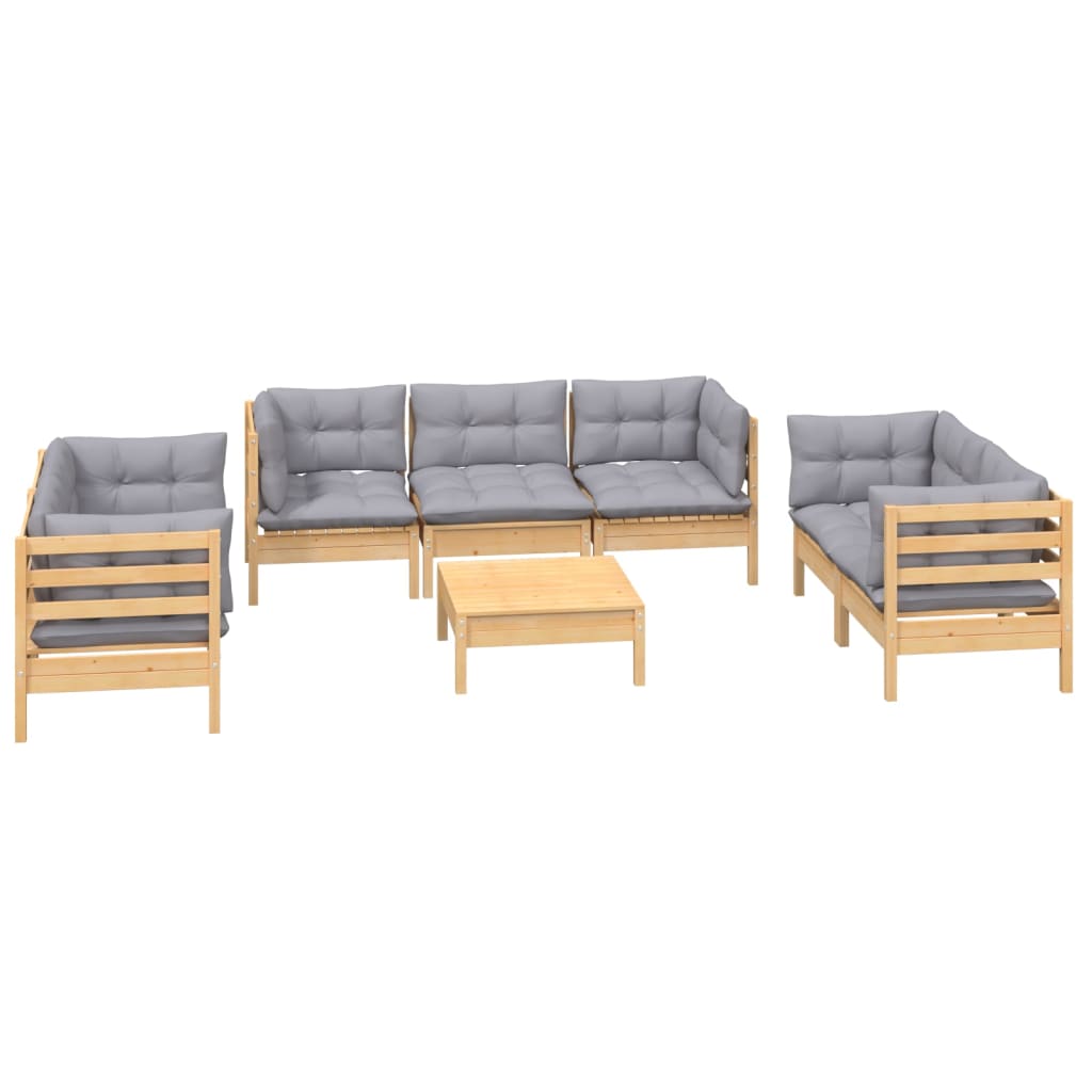 8-tlg. Garten-Lounge-Set mit Grauen Kissen Kiefer Massivholz