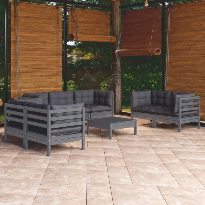 8-tlg. Garten-Lounge-Set mit Grauen Kissen Kiefer Massivholz