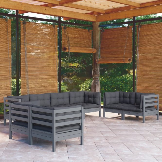 8-tlg. Garten-Lounge-Set mit Grauen Kissen Kiefer Massivholz