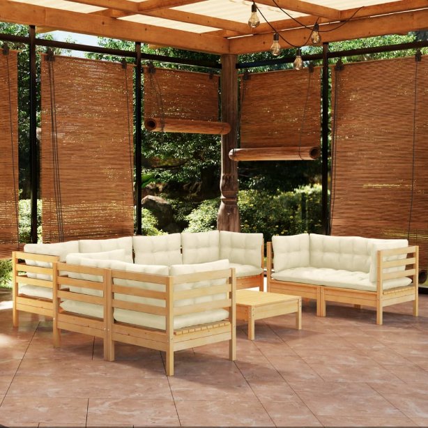 9-tlg. Garten-Lounge-Set mit Grauen Kissen Kiefer Massivholz
