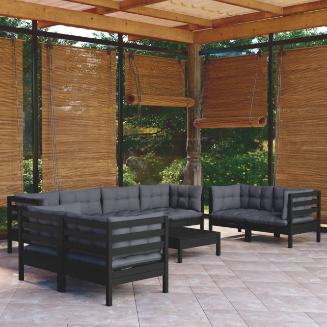 9-tlg. Garten-Lounge-Set mit Grauen Kissen Kiefer Massivholz