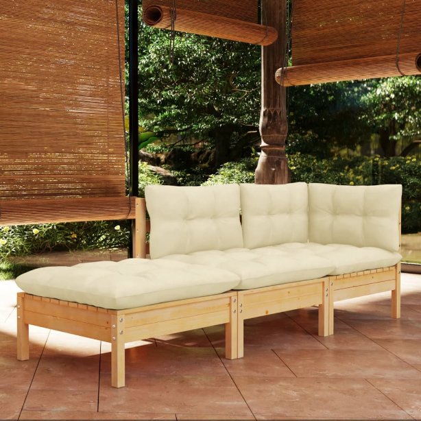3-tlg. Garten-Lounge-Set mit Grauen Kissen Kiefer Massivholz
