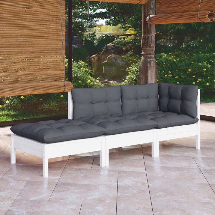 3-tlg. Garten-Lounge-Set mit Grauen Kissen Kiefer Massivholz