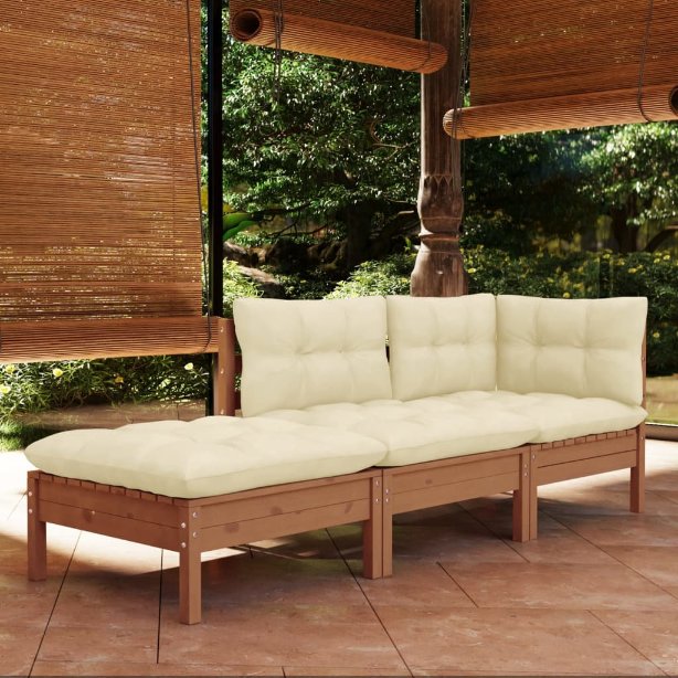 3-tlg. Garten-Lounge-Set mit Grauen Kissen Kiefer Massivholz