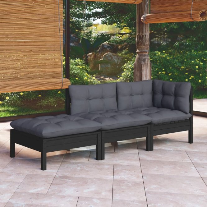 3-tlg. Garten-Lounge-Set mit Grauen Kissen Kiefer Massivholz