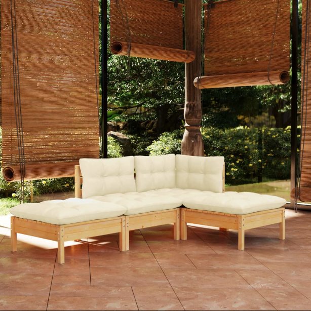 4-tlg. Garten-Lounge-Set mit Grauen Kissen Kiefer Massivholz