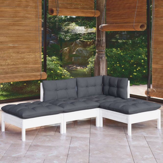 4-tlg. Garten-Lounge-Set mit Grauen Kissen Kiefer Massivholz