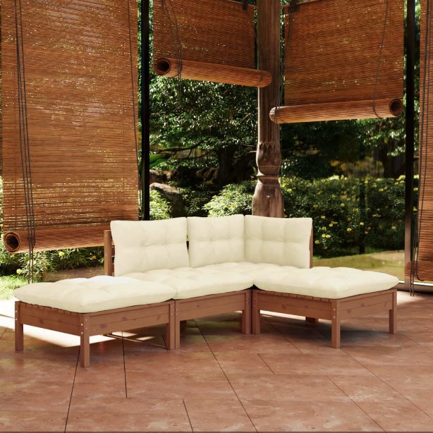 4-tlg. Garten-Lounge-Set mit Grauen Kissen Kiefer Massivholz