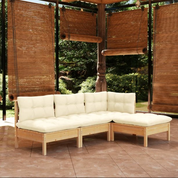 4-tlg. Garten-Lounge-Set mit Grauen Kissen Kiefernholz