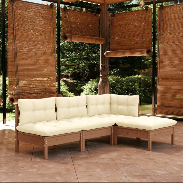 4-tlg. Garten-Lounge-Set mit Grauen Kissen Kiefernholz
