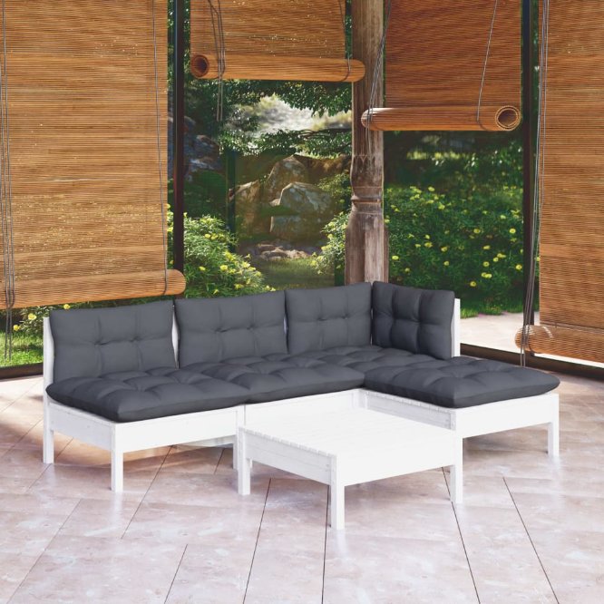5-tlg. Garten-Lounge-Set mit Grauen Kissen Kiefernholz
