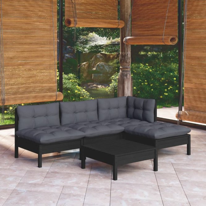 5-tlg. Garten-Lounge-Set mit Grauen Kissen Kiefernholz