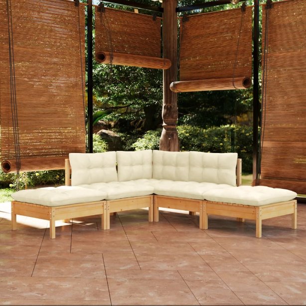 5-tlg. Garten-Lounge-Set mit Grauen Kissen Kiefernholz