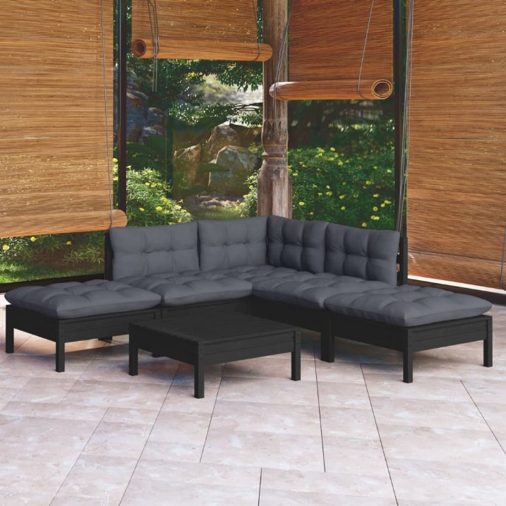 6-tlg. Garten-Lounge-Set mit Grauen Kissen Kiefernholz