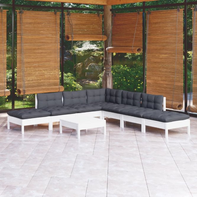 8-tlg. Garten-Lounge-Set mit Grauen Kissen Kiefernholz