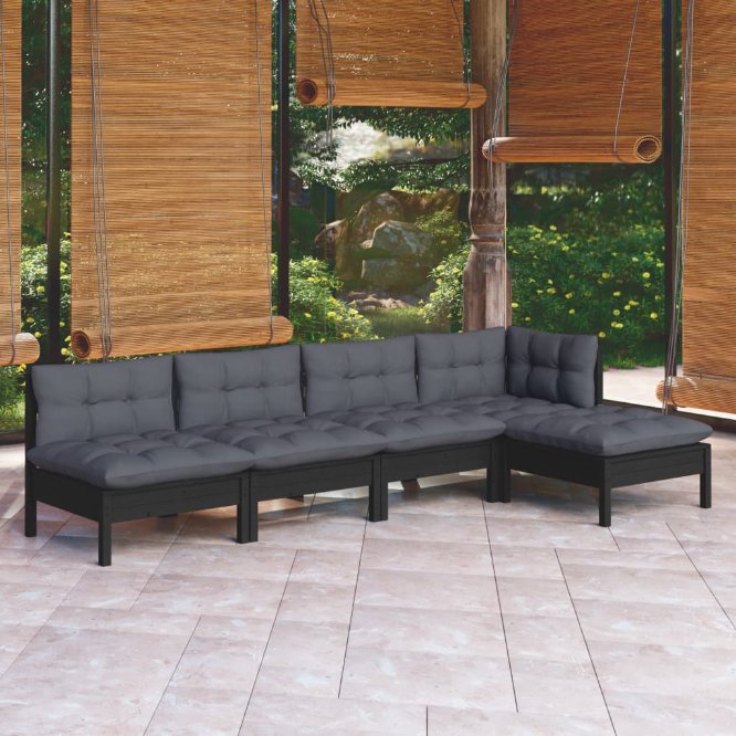 5-tlg. Garten-Lounge-Set mit Grauen Kissen Kiefernholz
