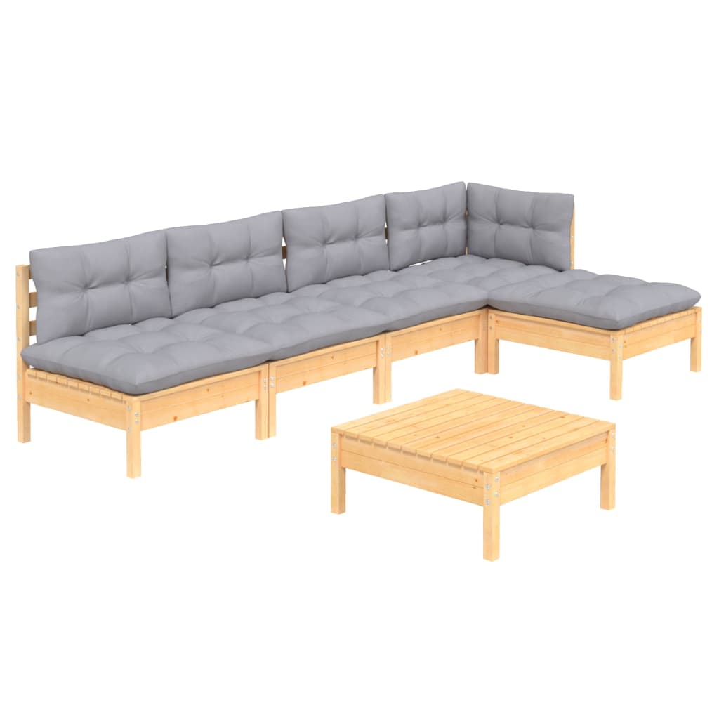 6-tlg. Garten-Lounge-Set mit Grauen Kissen Kiefernholz