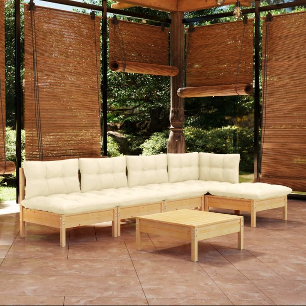 6-tlg. Garten-Lounge-Set mit Grauen Kissen Kiefernholz