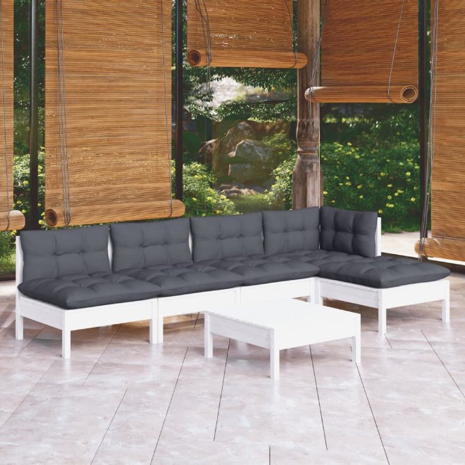 6-tlg. Garten-Lounge-Set mit Grauen Kissen Kiefernholz