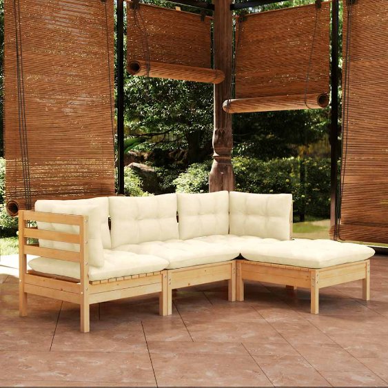 4-tlg. Garten-Lounge-Set mit Grauen Kissen Kiefernholz