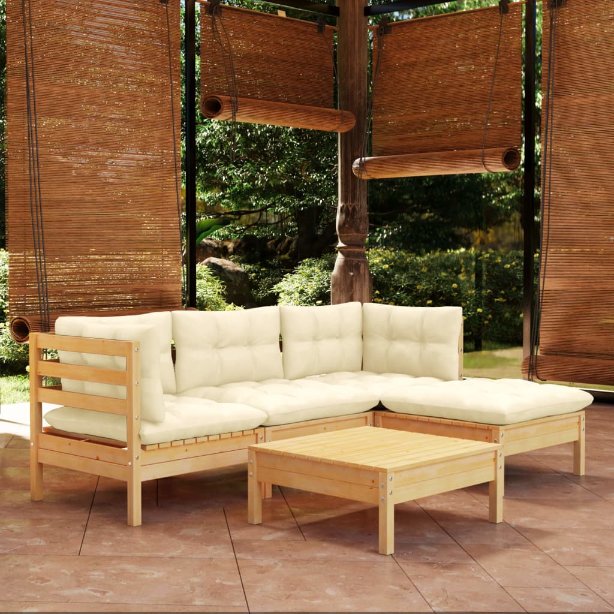 5-tlg. Garten-Lounge-Set mit Grauen Kissen Kiefernholz