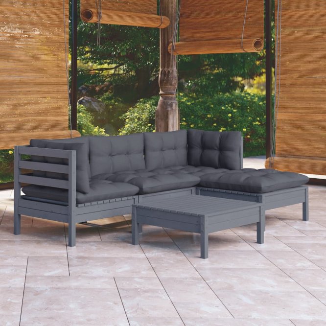 5-tlg. Garten-Lounge-Set mit Grauen Kissen Kiefernholz