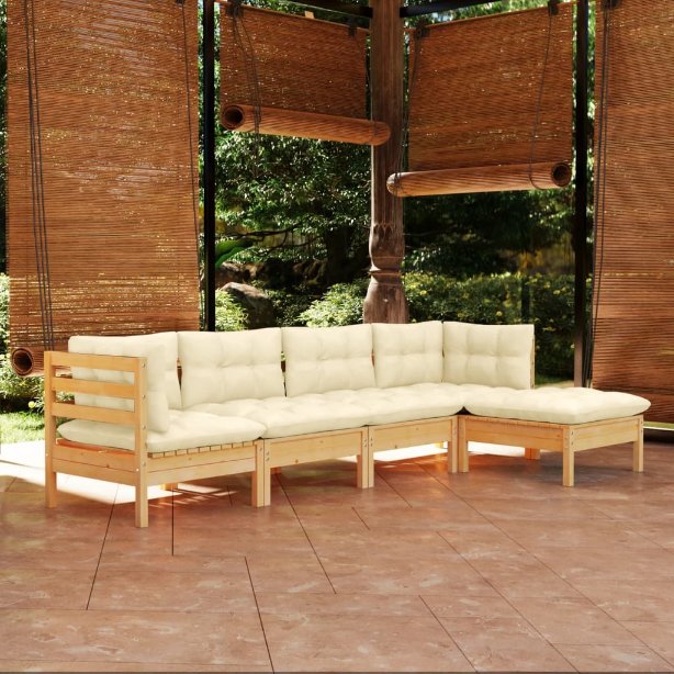 5-tlg. Garten-Lounge-Set mit Grauen Kissen Kiefernholz