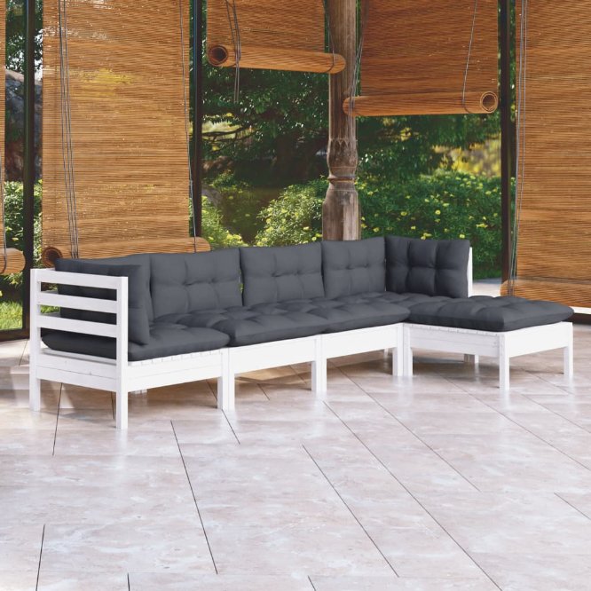 5-tlg. Garten-Lounge-Set mit Grauen Kissen Kiefernholz