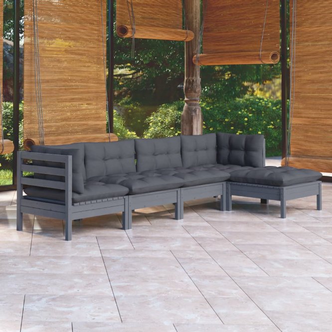 5-tlg. Garten-Lounge-Set mit Grauen Kissen Kiefernholz