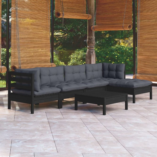 6-tlg. Garten-Lounge-Set mit Grauen Kissen Kiefernholz