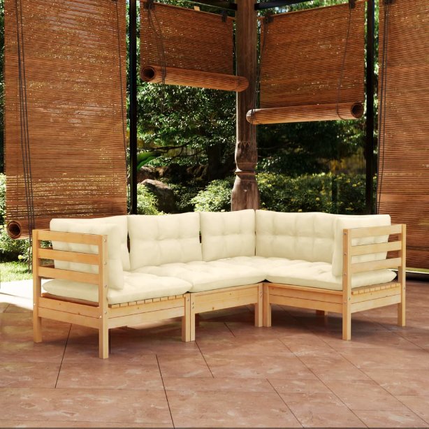 4-tlg. Garten-Lounge-Set mit Grauen Kissen Kiefernholz