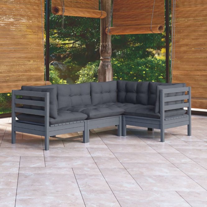 4-tlg. Garten-Lounge-Set mit Grauen Kissen Kiefernholz