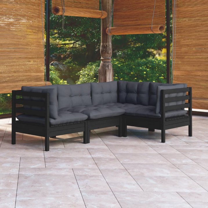 4-tlg. Garten-Lounge-Set mit Grauen Kissen Kiefernholz