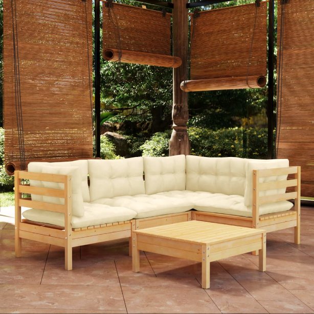 5-tlg. Garten-Lounge-Set mit Grauen Kissen Kiefernholz