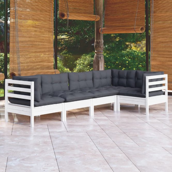 5-tlg. Garten-Lounge-Set mit Grauen Kissen Kiefernholz